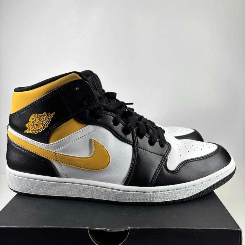 Air Jordan 1 Mid White/Pollen Black Men's US 13 University Gold Shoes 554724-177